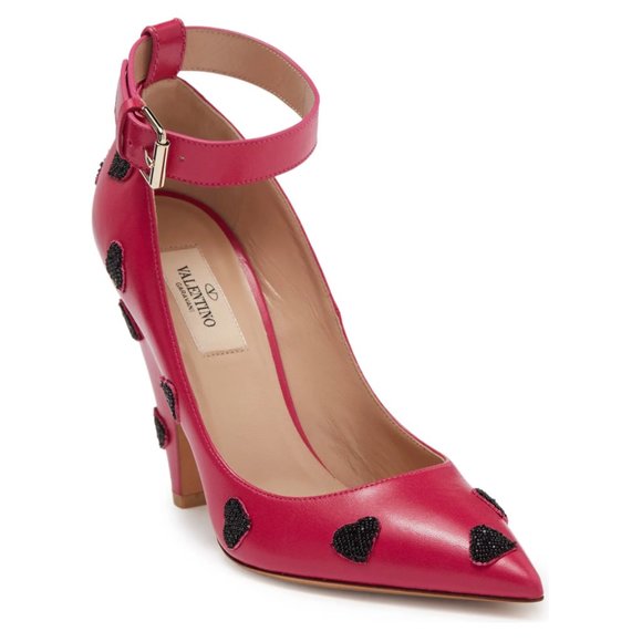 Valentino Garavani Shoes - Valentino Pink Leather Black Beaded Heart Ankle Strap Pump